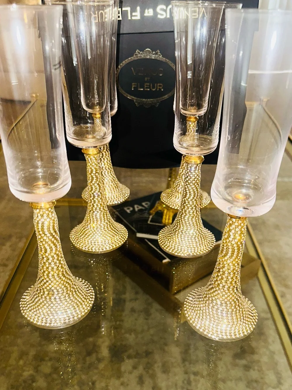 Sparkling Gold Jeweled Stem Champagne Flutes - Set of 6 New